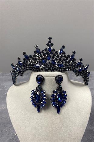 Lacivert Tokyo Taşlı Gelin Kına Tacı Ve Mekik Taşlı Küpe Seti
