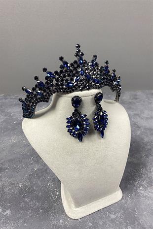 Lacivert Tokyo Taşlı Gelin Kına Tacı Ve Mekik Taşlı Küpe Seti