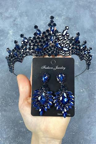 Lacivert Tokyo Taşlı Gelin Kına Tacı Ve Mekik Taşlı Küpe Seti