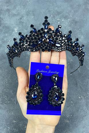 Navy Blue Tokyo Stone Bridal Henna Tiara and Drop Earrings Set