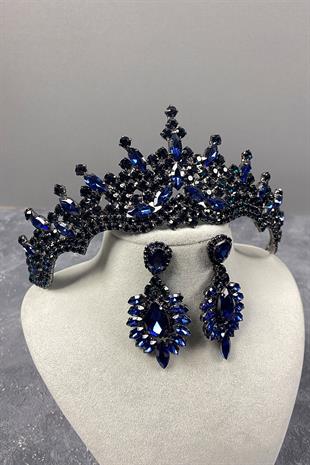 Lacivert Tokyo Taşlı Gelin Kına Tacı Ve Mekik Taşlı Küpe Seti