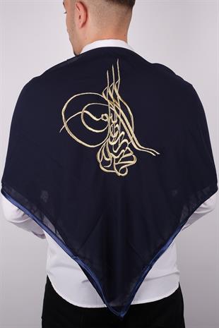 Lacivert Tuğralı Gold Nakışlı Biyeli Damat Örtüsü