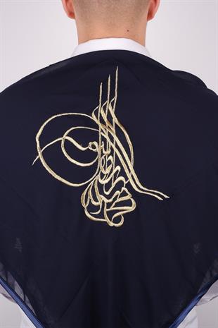 Lacivert Tuğralı Gold Nakışlı Biyeli Damat Örtüsü