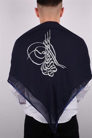 Lacivert Tuğralı Gümüş Nakışlı Biyeli Damat Örtüsü