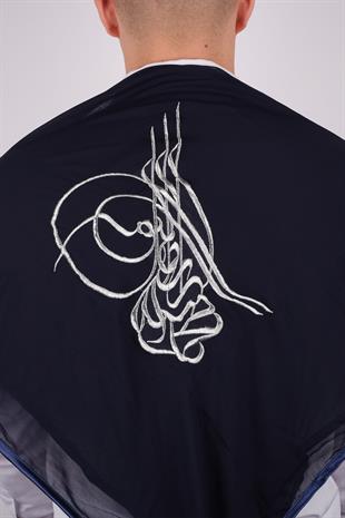 Lacivert Tuğralı Gümüş Nakışlı Biyeli Damat Örtüsü