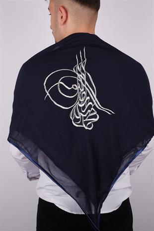 Lacivert Tuğralı Gümüş Nakışlı Biyeli Damat Örtüsü