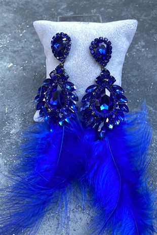 Lacivert Tüylü Gelin Kına Düğün Küpesi