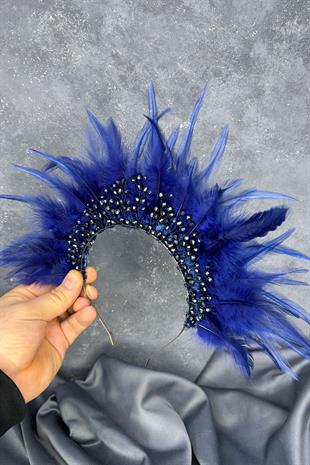 Navy Blue Feathered Crystal Beaded Arden Bridal Henna Tiara