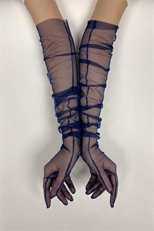 Lacivert Uzun Şık Gelin Eldiveni Tül Eldiven Nikah/Düğün/Parti Eldiveni