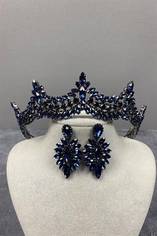 Navy Blue Venetian Stone Bridal Henna Crown And Drop Earring Set