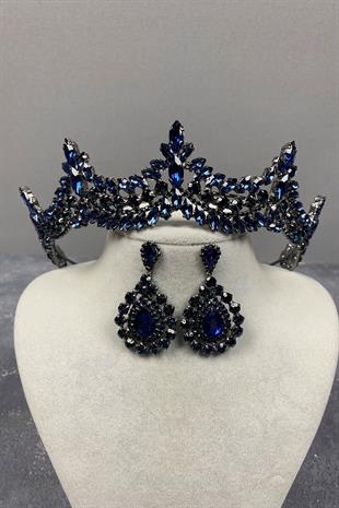 Navy Blue Venetian Stone Bridal Henna Crown And Drop Earrings Set
