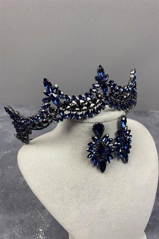 Navy Blue Venetian Stone Bridal Henna Crown And Drop Earring Set