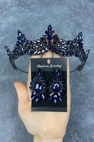 Navy Blue Venetian Stone Bridal Henna Tiara and Stud Earrings Set