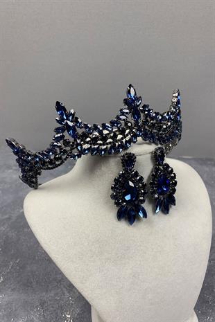 Navy Blue Venetian Stone Bridal Henna Tiara and Stud Earrings Set