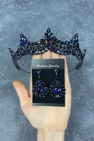 Navy Blue Venetian Stone Bridal Henna Crown And Drop Earrings Set
