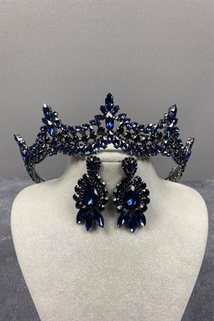 Navy Blue Venetian Stone Bridal Henna Tiara and Stud Earrings Set