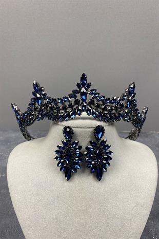 Navy Blue Venetian Stone Bridal Henna Crown And Drop Earring Set