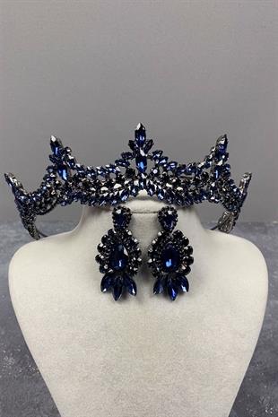 Navy Blue Venetian Stone Bridal Henna Tiara and Stud Earrings Set