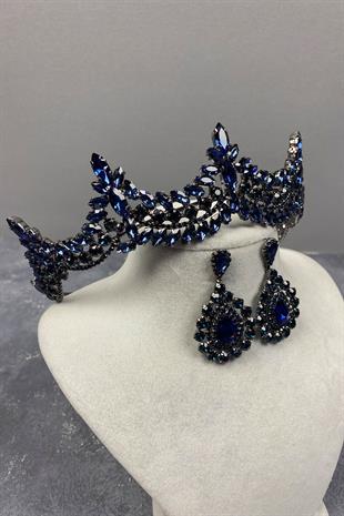 Navy Blue Venetian Stone Bridal Henna Crown And Drop Earrings Set