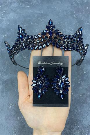 Navy Blue Venetian Stone Bridal Henna Crown And Drop Earring Set