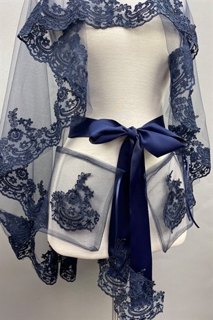 Lacivert Venüs Dantelli Gelin Duvağı Kına Yüz Örtüsü