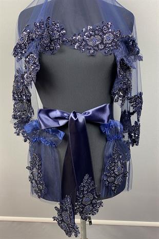 Lacivert Vip Model Gelin Kına Duvağı Yüz Örtüsü