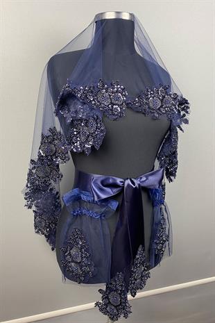 Lacivert Vip Model Gelin Kına Duvağı Yüz Örtüsü