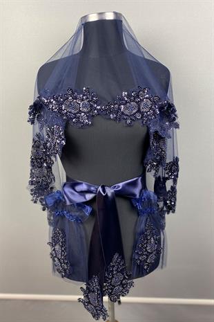 Lacivert Vip Model Gelin Kına Duvağı Yüz Örtüsü