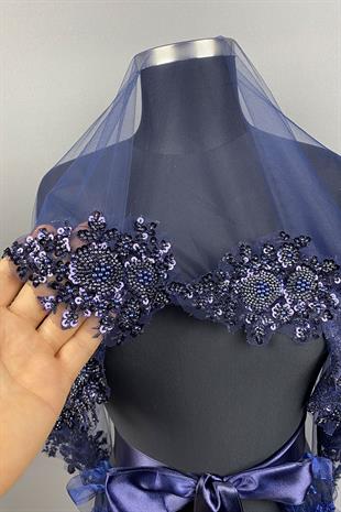 Lacivert Vip Model Gelin Kına Duvağı Yüz Örtüsü