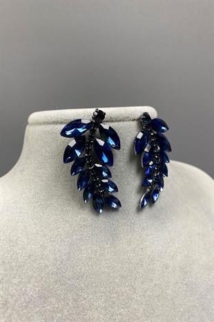 Navy Blue Leaf Pattern Ela Evening Dress with Stone Bridal Earring