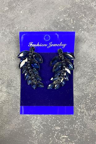 Navy Blue Leaf Pattern Ela Evening Dress with Stone Bridal Earring