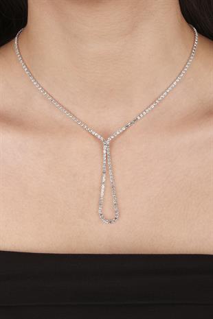 Lade Şık Kristal Taşlı Abiye Kolye Küpe Seti Ve Gül Gelin Tacı