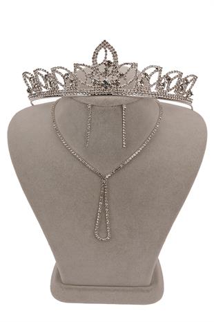 Lade Şık Kristal Taşlı Abiye Kolye Küpe Seti Yaprak Gelin Tacı