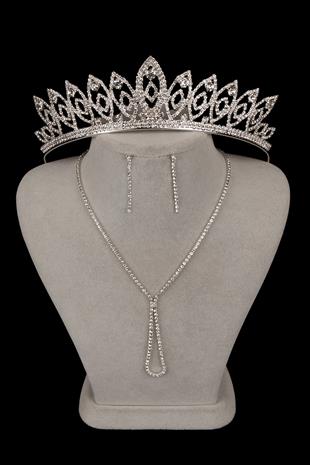 Lade Şık Kristal Taşlı Abiye Kolye Küpe Seti Ve İnce Yaprak Gelin Tacı