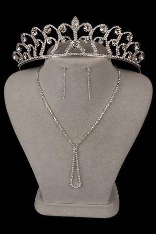 Lade Şık Kristal Taşlı Abiye Kolye Küpe Seti Ve Gül Gelin Tacı