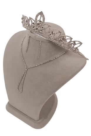 Lade Şık Kristal Taşlı Abiye Kolye Küpe Seti Yaprak Gelin Tacı