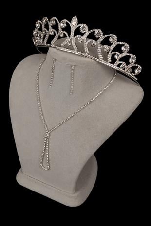 Lade Şık Kristal Taşlı Abiye Kolye Küpe Seti Ve Gül Gelin Tacı