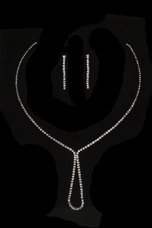 Lade Şık Kristal Taşlı Abiye Kolye Küpe Seti Ve Çiçek Gelin Tacı