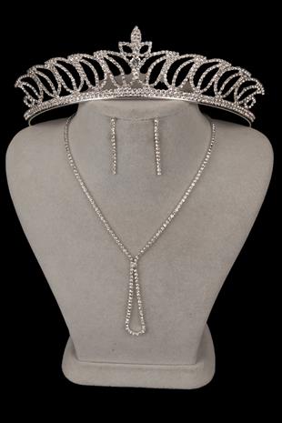 Lade Şık Kristal Taşlı Abiye Kolye Küpe Seti Ve Lale Gelin Tacı