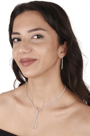 Lade Şık Kristal Taşlı Abiye Kolye Küpe Seti Ve Lale Gelin Tacı