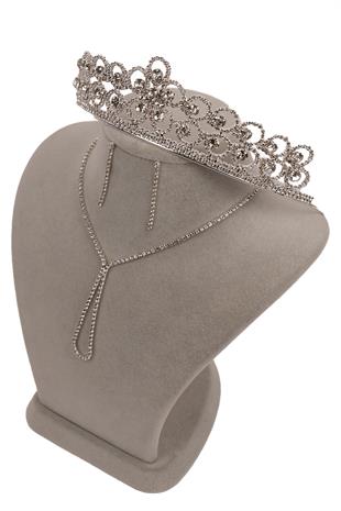 Lade Şık Kristal Taşlı Abiye Kolye Küpe Seti Ve Çiçek Gelin Tacı