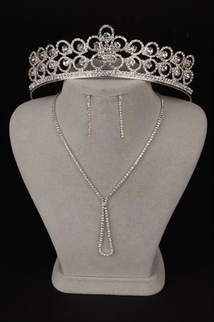 Lade Şık Kristal Taşlı Abiye Kolye Küpe Seti Ve Çiçek Gelin Tacı