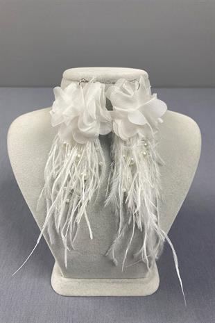 Lazer Çiçekli İncili Deve Kuşu Tüylü Küpe