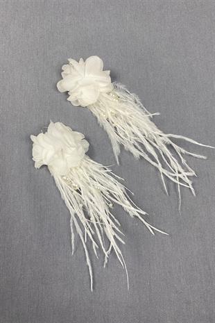 Lazer Çiçekli İncili Deve Kuşu Tüylü Küpe