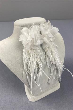 Lazer Çiçekli İncili Deve Kuşu Tüylü Küpe