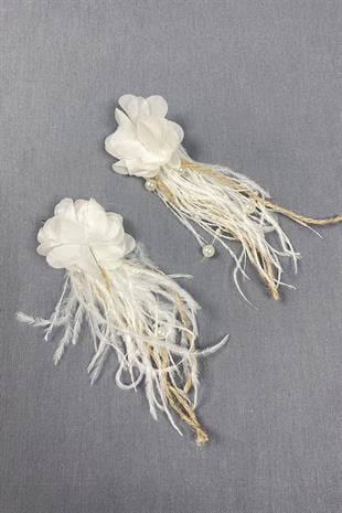 Lazer Çiçekli Hasırlı İncili Deve Kuşu Tüylü Küpe