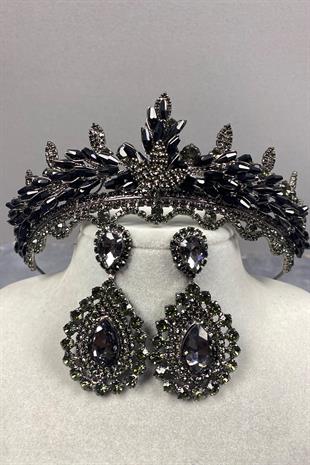 Lena Kristalli Boncuklu Gelin Kına Tacı Ve Küpe Seti