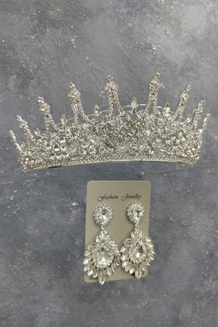 Leonis Model Gelin Tacı Ve Damla MekikTaşlı Küpe