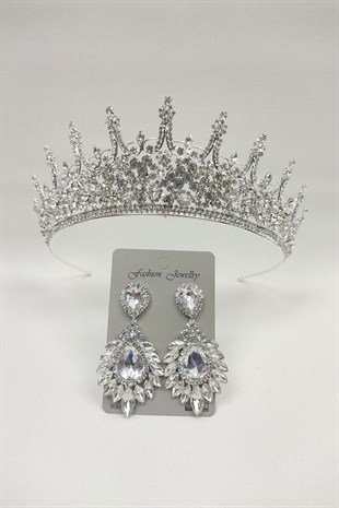 Leonis Model Gelin Tacı Ve Damla MekikTaşlı Küpe