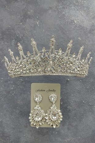 Leonis Model Gelin Tacı Ve Damla MekikTaşlı Küpe